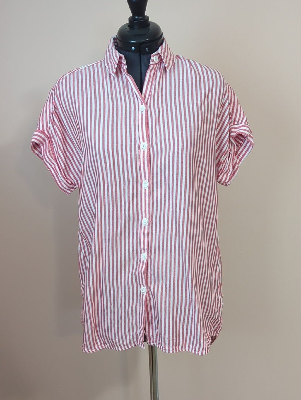 Pink And White Stripe Button-Up Shirt - Casual Short Sleeve